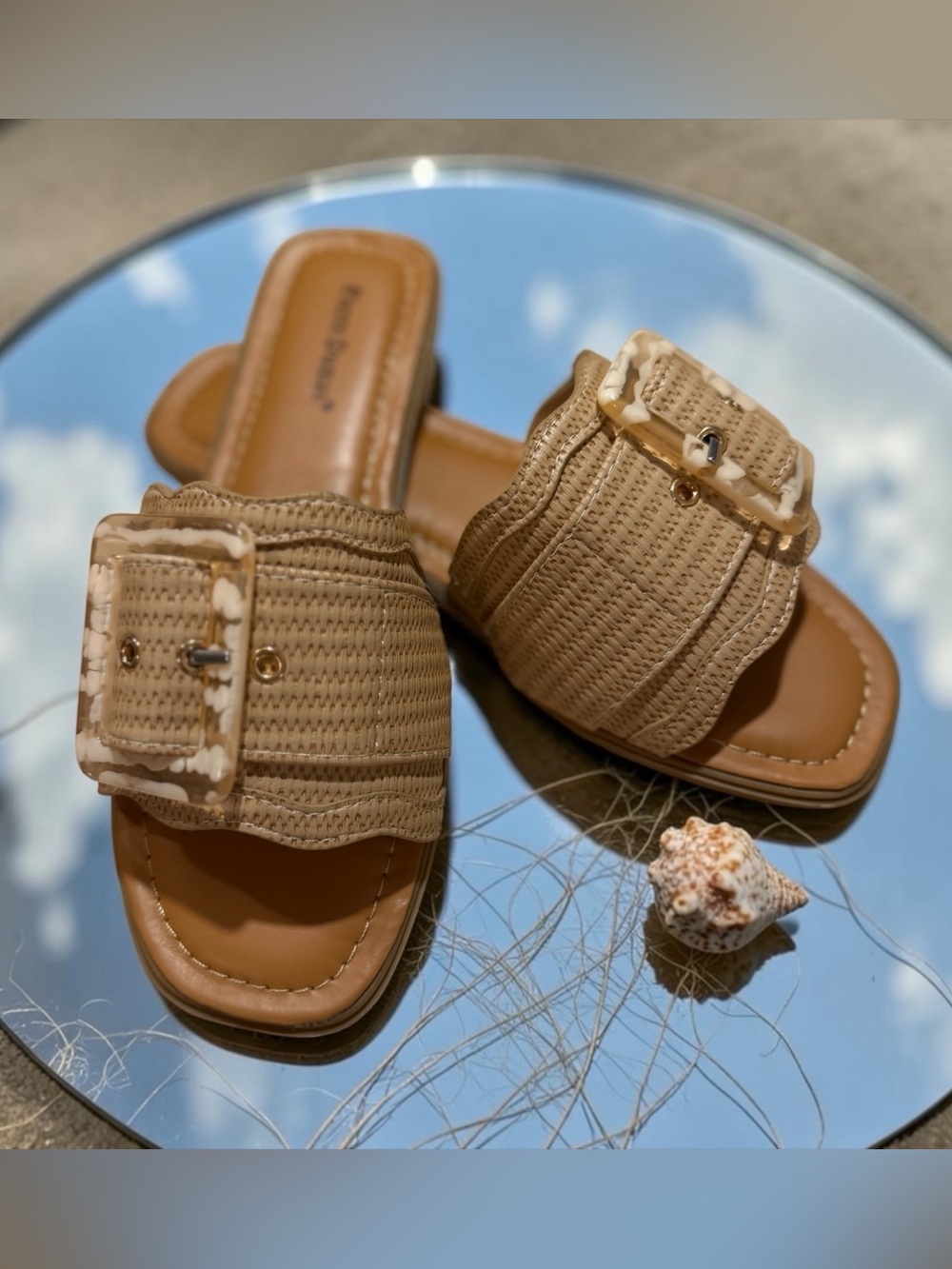 BRAND NEW Pierre Dumas Woven Slide Sandals with Tortoiseshell Buckle in Tan